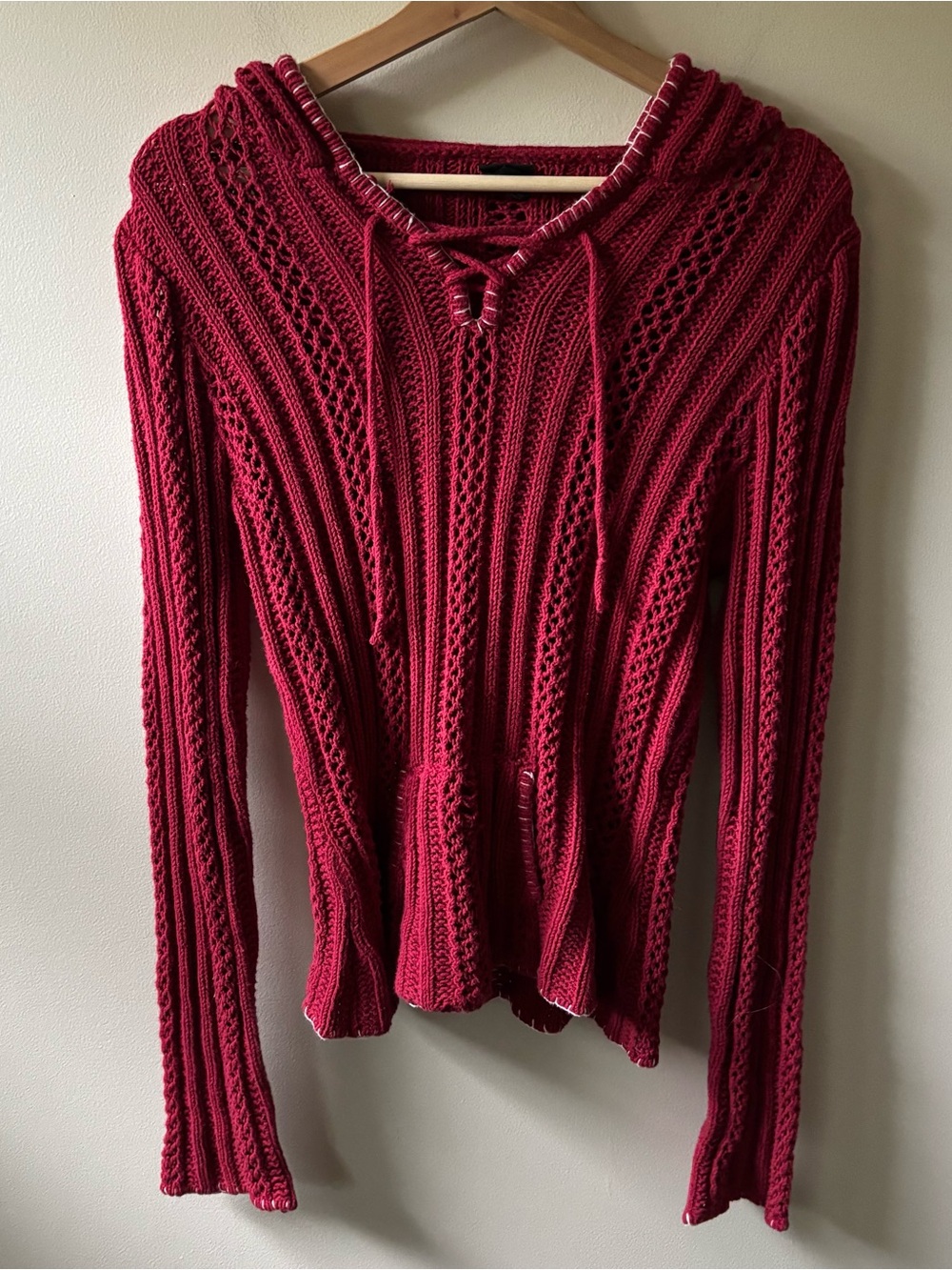 Vanity Red Knit Hooded Sweater with Stitching Details